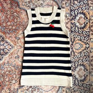 Navy Cream Stripe Knit Tank Top Crochet Cherry Applique Sleeveless Longline Vest